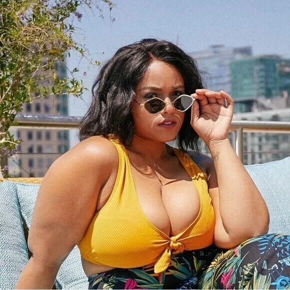 NWT Soncy Bikini Two Piece Swimsuit Tie Detail Ribbed Mustard Yellow Curvy Sz 12 - Picture 12 of 14